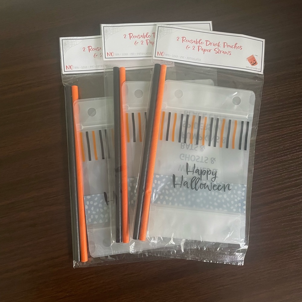 Bundle of 6 reusable Halloween cocktail drink pouches and paper straws